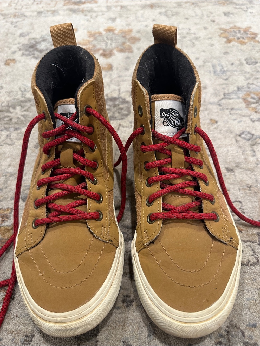 Vans kid’s Tan High-Top Sneakers with Red Laces